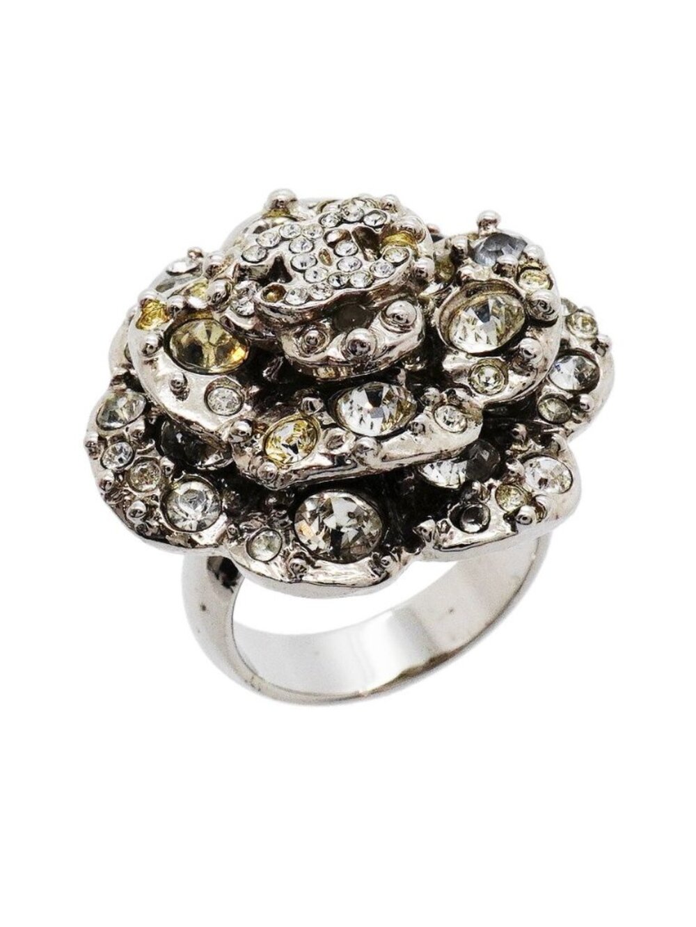 Chanel Ring CC Logo Camellia Metal Rhinestone Silver
